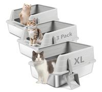 Bartuke Cajas de Arena para Gatos de Acero Inoxidable con Pala, Bandeja higiénica de Lados Altos, antisalpicaduras, sin olores, Antiadherente, fácil de Limpiar (Gris Claro, 3 Unidad)