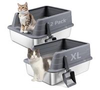 Bartuke Cajas de Arena para Gatos de Acero Inoxidable con Pala, Bandeja higiénica de Lados Altos, antisalpicaduras, sin olores, Antiadherente, fácil de Limpiar (Gris Oscuro, 2 Unidad)
