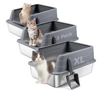Bartuke Cajas de Arena para Gatos de Acero Inoxidable con Pala, Bandeja higiénica de Lados Altos, antisalpicaduras, sin olores, Antiadherente, fácil de Limpiar (Gris Oscuro, 3 Unidad)