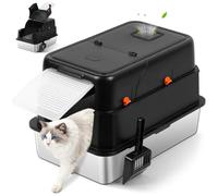 Bartuke grande Caja de arena para gatos de acero inoxidable con tapa, bandeja metálica XXL con cerramiento de lados altos y pala para arena, control de olores, antideslizante, fácil de limpiar (Negro)