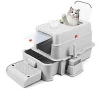 Bartuke Stainless Steel Cat Litter Box, High Sided Metal Drawer Litter Tray with Scoop, Filter Pedal, Non-Sticky, Non-Odor, Easy Cleaning (Light Grey)