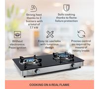 Barzona 2 hornillo de camping 2 quemadores 3,4 kW y 4,3 kW placa de vidrio y carcasa de acero inoxidable Klarstein
