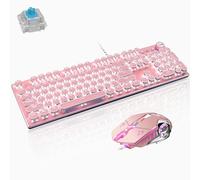 Basaltech Teclado mecánico y ratón para videojuegos estilo Steampunk estilo retro con retroiluminación LED 104 teclas antighosting azul interruptor con cable USB panel de metal redondo color rosa