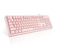 Basaltech Teclado rosa con retroiluminación LED de 7 colores, teclado USB silencioso cremoso con cable de 104 teclas, teclas de doble disparo, teclado iluminado para computadora, Mac, portátil