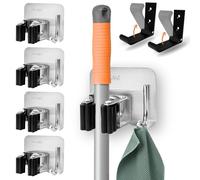 BASAMA ®️4 Piezas Colgador Escobas y Fregonas de acero inoxidable + 2 Ganchos plegables | Soporte Escobas Pared con adhesivo 3M sin agujeros. Resistentes y para multiples usos. (4 piezas)