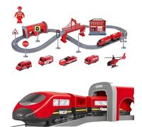 BASAMOU Tren Electrico Juguete Niños 3 4 5 6 7 8 Años, 66 Piezas Tren Juguete con Coches y Accesorios de Vías, Flexibles Pista de Coches, Regalos Niños para Cumpleaños/Navidad(Rojo Camión de Bomberos)