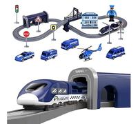 BASAMOU Tren Electrico Juguete Niños 3 4 5 6 7 8 Años, 66 Piezas Tren Juguete con Coches y Accesorios de Vías, Flexibles Pista de Coches, Regalos Niños para Cumpleaños/Navidad (Azul Coche de Policía)