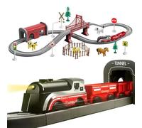 BASAMOU Tren Electrico Juguete Niños 3 4 5 6 7 8 Años con Luces, Rojo Tren Juguete con Animales, Vallas, Señales de Tráfico, Flexibles Pista Coches Niños Regalos Cumpleaños/Navidad (70PCS)