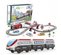 BASAMOU Tren Electrico Juguete Niños 3 4 5 6 7 8 Años con Luces, Rojo Tren Juguete con Animales, Vallas, Señales de Tráfico, Flexibles Pista Coches Niños Regalos Cumpleaños/Navidad (67PCS)