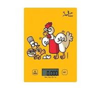 Jata 731K - Bascula Cocina Digital, Balanza Cocina Alta precisión, Peso hasta 5 kg, Pantalla LCD, Función tara, Base vidrio, Diseño Kukuxumusu, Medidas: 14 x 20 x 1,5 cm. Desconexión automática