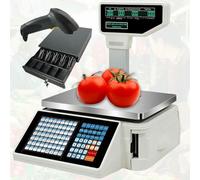 Báscula de impresión de etiquetas con pantalla de poste, báscula de cálculo de precios, báscula digital de código de barras con pantalla doble para comercio de supermercados