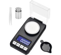 Báscula Digital Laboratorio 0.001g/50g Miligramos con Peso Calibración 50g Pinza y Bandeja para Joyería Polvos Medicina Función TARE PCS Pantalla LCD Luz Portátil Completo