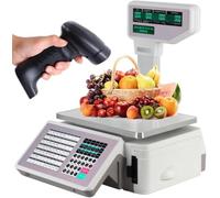 Báscula Impresora de Etiquetas, Digital con Código de Barras, 63 Teclas Rápidas, Capacidad 30kg, Doble Pantalla y Múltiples Puertos para Supermercados, Almacenes y Charcuterías,Machine+Scanner