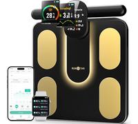 Báscula inteligente RunSTAR con 8 electrodos, mide peso, grasa, IMC, masa muscular y 28 mediciones de composición corporal. Pantalla LCD TFT a color y asa retráctil. Compatible con FSA/HSA.