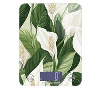 Báscula portátil con diseño de flores de lirio de la paz blanca y hojas verdes para pesar alimentos de 11 libras/1 onzas, escala digital de 5 kg/5 g, con 4 unidades para hacer jabón, cocinar espresso