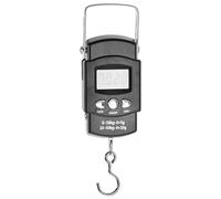 Báscula Portátil de Resorte 50kg con Cinta Métrica y Pantalla LCD | Acero Inoxidable y ABS, Mango Extensible Plegable, Negro, para Bicicletas, Paquetes, Camping y Garaje