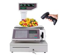 Básculas de Impresión Etiquetas Comerciales Digitales con Código Barras Báscula Cálculo Precio Digital Impresora Térmica Electrónica,para Supermercados Tiendas Minoristas (Blanco, Equipo+P+C)