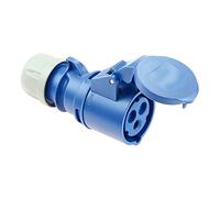 Base aérea azul 16A con dos tomas y solera, ideal para distribuciones eléctricas y conexiones múltiples en entornos domésticos y profesionales.
