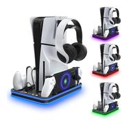 Base de Carga Compatible con PS Portal, Soporte PlayStation 5 y estación de refrigeración con Base de Carga LED RGB, Controlador PS5 Edge y Auriculares y Soportes remotos, Color Negro