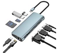 Base de carga, concentrador USB C 10 en 1, USB tipo C a 4K 30 Hz, HDMI 1080P VGA, 87 W PD, 2 USB 3.0, lector SD/TF, Ethernet RJ45 1000 M, audio de 3,5 mm para ordenadores portátiles HP/MacBook/Dell