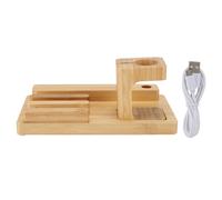 Base de carga de escritorio multidispositivo de madera de bambú ecológica, tamaño compacto, estación de carga inalámbrica de bambú natural,