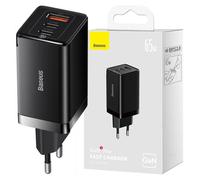Baseus Travel Charger GaN5 Pro Fast Wall Charger, C+C+U, QC, AFC, PD 65W with Type-C to Type-C (100W) 1m, Black EU (CCGP120201)