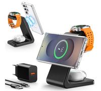 Base de Carga inductiva magnética 3 en 1 para Samsung, Cargador inalámbrico Fast mag-Safe para Galaxy S25 Ultra/S24/S23/Z Fold/Flip 6/5, Galaxy Watch Ultra/6/5/4 (no para Reloj 7), Galaxy Buds Pro