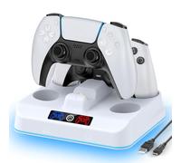 Base de Carga para PS5 Compatible con PlayStation 5 Mandos DualSense & Edge, Cargador PS5 con 9 RGB Luces Ambiental, Estación de Carga para Dual Mando PS5, Accesorio de PS 5 Soporte con Cable de Carga