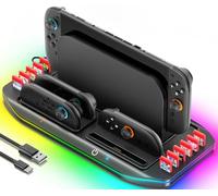 Base de Carga para Switch 2, Estación de Almacenamiento para Switch2 con Cargador para 4 Joy-Con 2, Organizador de Switch Accesorio para SW2 TV Dock & 12 Tarjetas de Juego con 9 Modos de Luz Ambiental