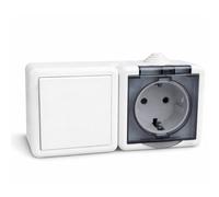 Base de Enchufe Exterior Schuko Estanco con Interruptor Conmutador y Tapa para Superficie, IP54 Impermeable, 16A 250V, Enchufe Resistente al Agua para Jardín, Terraza e Interior (Blanco)