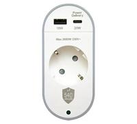 Base de enchufe múltiple con USB (USB A y USB C, Blanco/Gris, Longitud del cable: 1,5 m, Sin interruptor)
