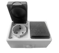 Base de Enchufe Schuko con Interruptor Simple de Estanco con Tapa para Superficie, Interruptor con Schuko Resistente al Agua IP54, 10AX,16A,250V, Apta para Interior y Exterior, Gris y Negro