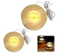 Base de luz LED de madera, 2 unidades USB LED para cristal acrílico, color cálido, base de madera, soporte cuadrado/redondo, base para cristal, cristal, acrílico, joyas, resina (redonda)