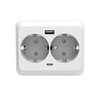 Base doble empotrable 16A 250V con toma T y puertos USB A y B, perfecta para cargar dispositivos electrónicos y optimizar la conectividad en cualquier espacio.