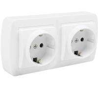 Base doble Schuko 2P+T blanca mural con doble toma de corriente, ideal para instalaciones eléctricas en hogares y oficinas.