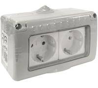 Base doble Schuko estanca IP55, 10A, 250V, ideal para instalaciones eléctricas en exteriores o ambientes húmedos.