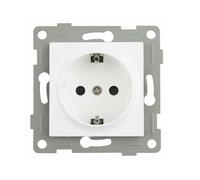 Base empotrable blanca con enchufe, características técnicas de alto rendimiento; ideal para instalaciones eléctricas y conexiones en espacios reducidos.