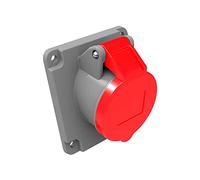 Base empotrar 16 A con toma P + T, retráctil, color rojo, ideal para instalaciones eléctricas seguras y prácticas en interiores.