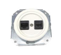 Base empotrar porcelana blanca RJ45 y RJ11 sin marco, ideal para conexiones de red y telefonía en instalaciones eléctricas.