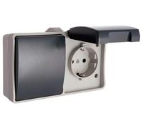 Base fija con conmutador e interruptor estanco IP44 para uso en exteriores, ideal para instalaciones eléctricas seguras y fiables.
