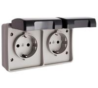 Base fija estanca doble IP44 con solera, ideal para instalaciones eléctricas en exteriores y ambientes húmedos.