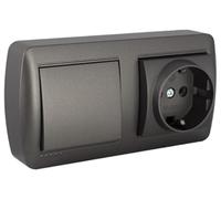 Base Schuko con conmutador ancho en color grafito, ideal para instalaciones eléctricas y control de iluminación.