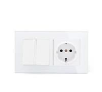 Base Schuko con doble conmutador, diseñado para instalaciones eléctricas, permite el control de iluminación y conexión de dispositivos.