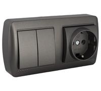 Base Schuko con doble conmutador grafito, serie mural, ideal para instalaciones eléctricas y control de iluminación.
