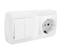 Base Schuko con doble conmutador para instalación mural, adecuada para controlar múltiples puntos de luz y mejorar la distribución eléctrica.