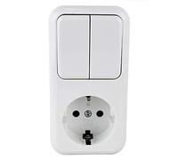 Base schuko con doble interruptor en superficie, ideal para controlar múltiples dispositivos eléctricos. Diseño elegante y funcional, perfecto para cualquier ambiente.