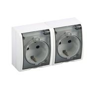 Base Schuko doble IP54 250 V 16A con tapa transparente y conexión a tornillo blanca Simon Aquarius