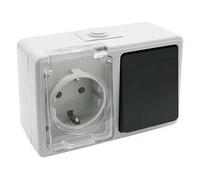 Base schuko estanca con conmutador, resistente al agua, ideal para exteriores, uso en jardines, terrazas y espacios húmedos.