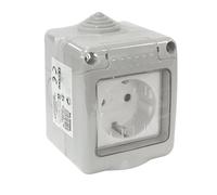 Base Schuko estanca IP55 16A 250V, protección contra agua y polvo, ideal para instalaciones exteriores y uso industrial.