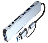 Base USB 3.0 8 en 2 USB C Dock USB C a 3xUSB2.0+1xUSB3.0+1xType Card Reader Adapter Extender Docking Station para PC Card Reader Hub Adapter
